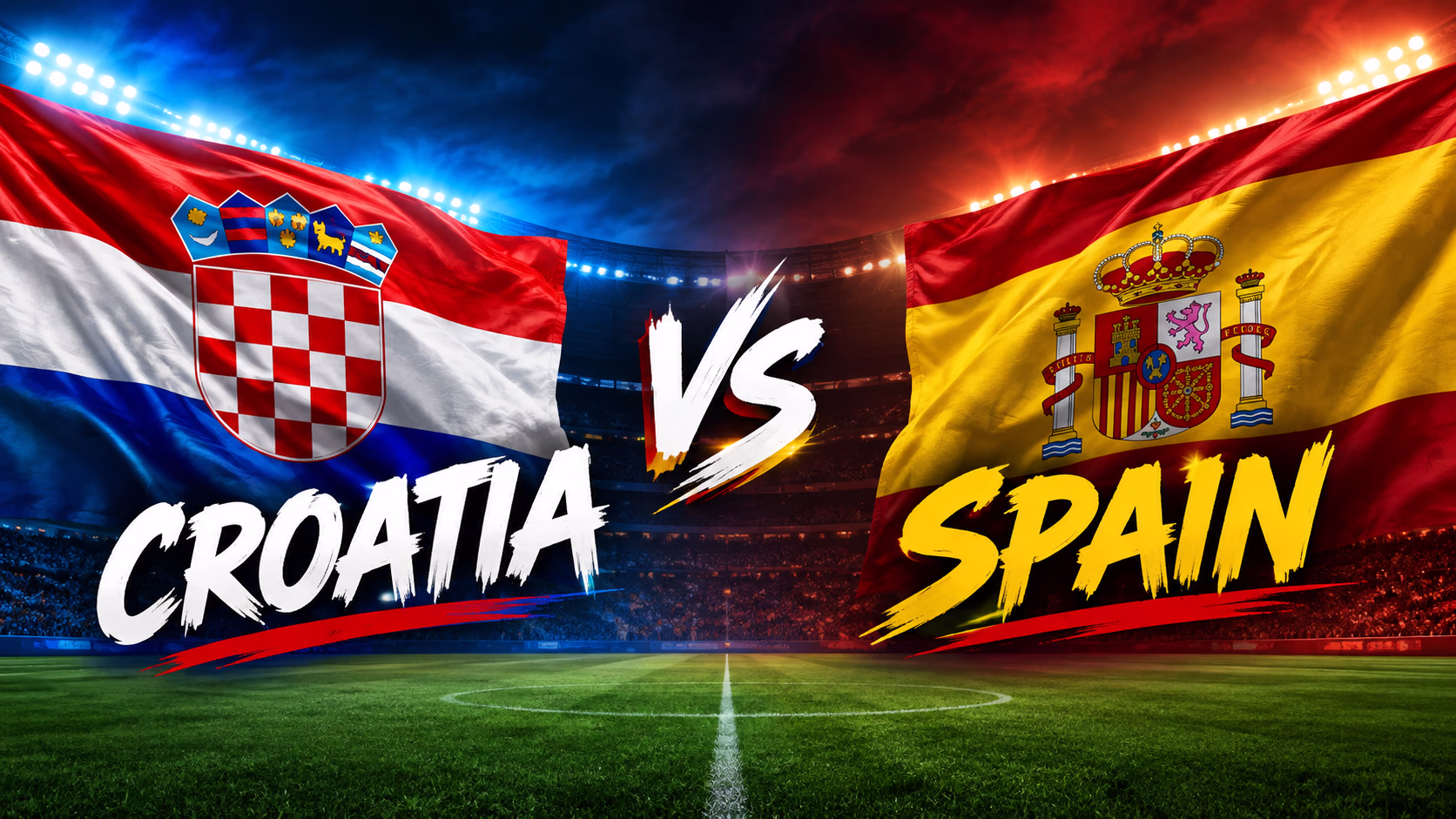 Croatia vs Spain football match with national flags in a stadium