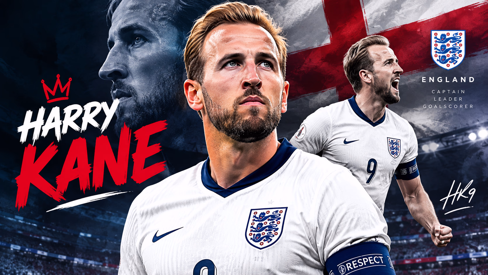 Harry Kane wearing the England football kit in a dramatic stadium setting