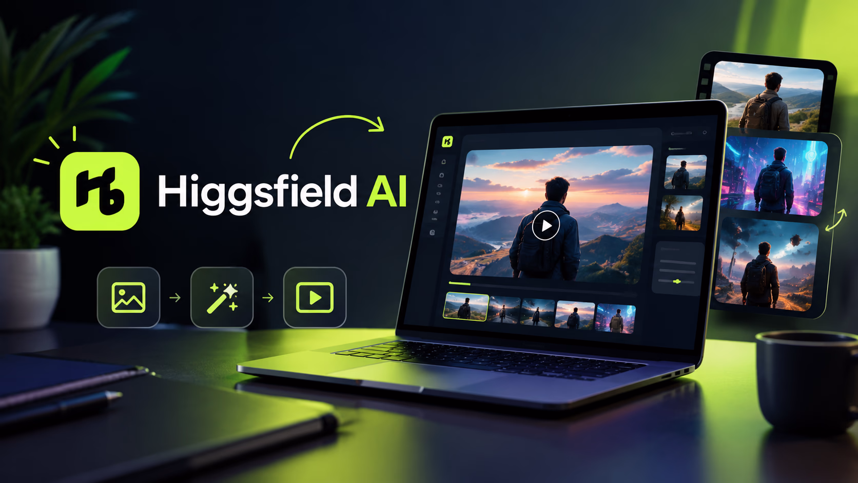 Higgsfield AI video creation tutorial showing a laptop with AI video generation tools and cinematic scenes.